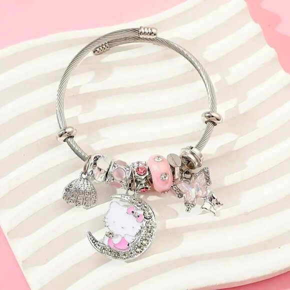 Hello Kitty Charm Bracelet Sanrio Rhinestone Moon Emo Beads Wire Rave Trendy Fun - Picture 2 of 4